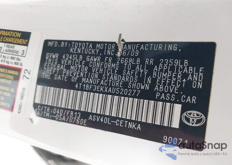 2010 Toyota Camry Le z USA, uszkodzony, nr VIN 4T1BF3EKXAU520277